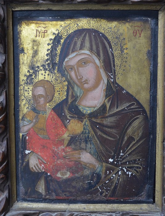 An antique Coptic icon, Madonna and Child, painted and gilded on panel - Image 4 of 8