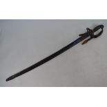 A Victorian military officer's sabre with 81cm etched and curved blade, brass basket hilt with foldi