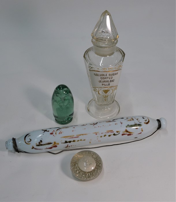 Pill jar, rolling pin, paperweight and glass dump