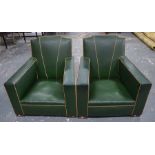 A pair of Art Deco period white piped green leatherette upholstered armchairs