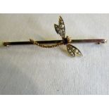 Dragonfly amethyst and seed pearl bar brooch