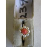 Coral and pearl 9ct gold cluster ring