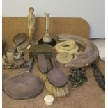 A silver backed part dressing table set together with a Japanese ivory figure,