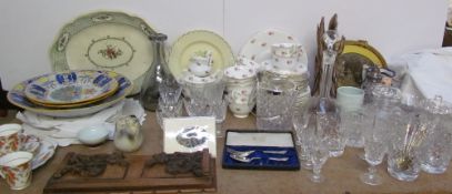 Three Delft plates together with part tea sets, silver spoon and fork set, drinking glasses,