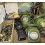 Three green bakelite telephones together with a partial candlestick telephone, cameras,