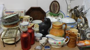 A Flaxman ware pottery jug, together with assorted pottery jugs, tureens and covers,
