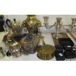 Assorted electroplated wares together with brasswares,