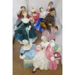 Assorted Royal Doulton figures including The Love Letter, Janine, The Orange Lady,