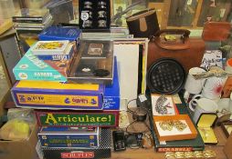 Board games together with Rubiks cubes, CD's, records, jewellery boxes, costume jewellery,