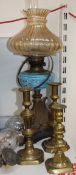 A blue glass oil lamp, gas lamp, television light bulb,