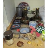 A silver topped and glass scent bottle, together with fossils, paperweights,