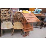 A pair of wheelback kitchen chairs together with a coffee table, stool, folding table,
