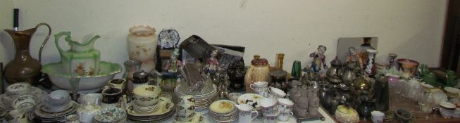 A Sylvac dachshund together with assorted plates, jug and basin set, glass lamp shades,