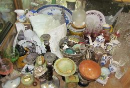 A large lot including drinking glasses, part tea and dinner sets, onyx clock,