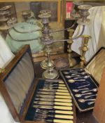 EPNS Candelabra, together with brass candle sticks,