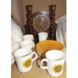 An oak mantle clock together with a pair off oak barley twist candlesticks and a Meakin sunflower