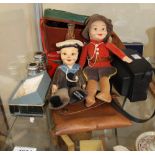 Two Nora welling dolls, binoculars,