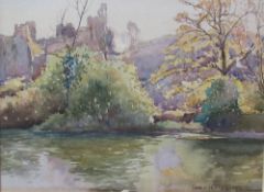 Donald Floyd Castle ruin by a river Watercolour Together with another watercolour and four prints