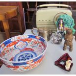 A Metal bear money box, together with an electroplated tea pot, Japanese porcelain bowl, pipe,