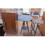 An Indian carved occasional table together with a pot cupboard and an oak occasional table