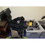 A large lot including shirts, wall clock etc together with electrical cables, computer monitors,