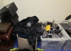 A large lot including shirts, wall clock etc together with electrical cables, computer monitors,