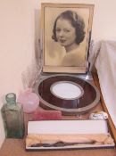 A Chrome easel photograph frame, together with another photograph, sherry glasses,