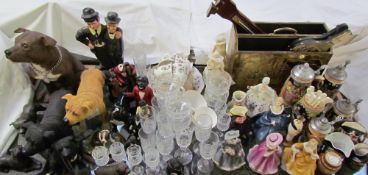 Royal Doulton figures together with steins, brass magazine rack, bellows, drinking glasses,