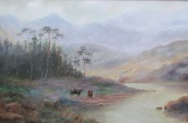 Oldham Hart Cattle by a river Oil on board Signed Together with a Joel Owen painting and a