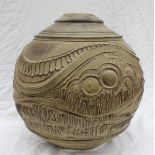 A large studio pottery vase, decorated with stylised landscape scenes, impressed mark,
