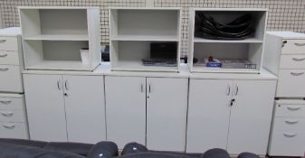 Assorted melamine bookcases, office cabinets and filing cabinets together with ships buoys,