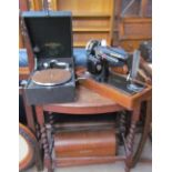 An oak hall table together with a cased Singer sewing machine and a Columbia table top gramophone