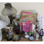An Optimus lamp together with an oil lamp, souvenir miners lamp, collection of records,