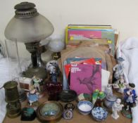 An Optimus lamp together with an oil lamp, souvenir miners lamp, collection of records,