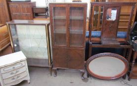 A 20th century hall stand together with two display cabinets,