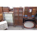 A 20th century hall stand together with two display cabinets,