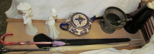 A pestle and mortar together with Spode figures, Royal Winton tea pot, Acme jug,