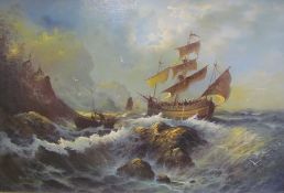 Thompson Ships of a rocky coastline Oil on board Signed 59 x 89cm