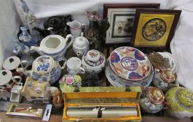 A Chinese porcelain ginger jar and cover together with assorted plates, scroll, teapots, figures,