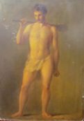E T Paris Study from Life Full length portrait of a man in a loin cloth holding a club Oil on