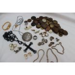Assorted costume jewellery including a watch, earrings, rings, necklaces,