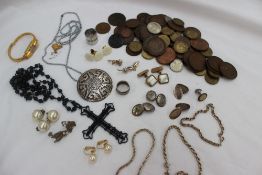 Assorted costume jewellery including a watch, earrings, rings, necklaces,