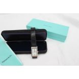 A Tiffany and Co stainless steel wristwatch, the rectangular dial with Roman numerals,