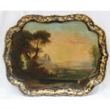 A Victorian papier mache tray, with a raised gilt edge, the centre painted with a landscape scene,