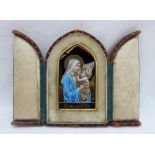 An early 20th century enamel plaque of pointed arched form depicting the Virgin Mary and Jesus,