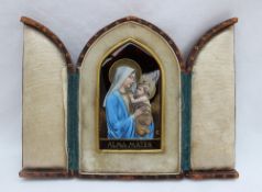 An early 20th century enamel plaque of pointed arched form depicting the Virgin Mary and Jesus,