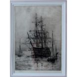 William Lionel Wyllie HMS Victory at anchor in Portsmouth Harbour Etching Signed in pencil to the
