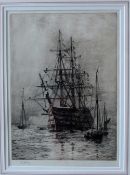 William Lionel Wyllie HMS Victory at anchor in Portsmouth Harbour Etching Signed in pencil to the