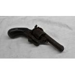 A Belgian six shot 7mm closed frame pistol inscribed "English pattern pin fire pistol 7mm .
