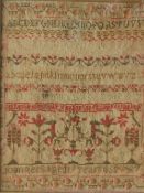 A 19th century sampler, with interlaced flowers and leaves to the border with alphabet and numbers,